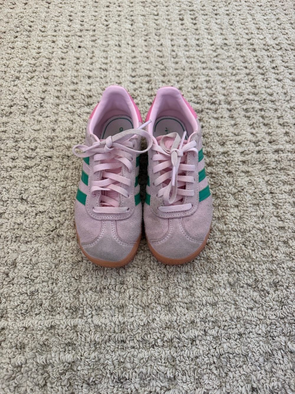 adidas Pink Suede Kids Sneakers with Green Stripes